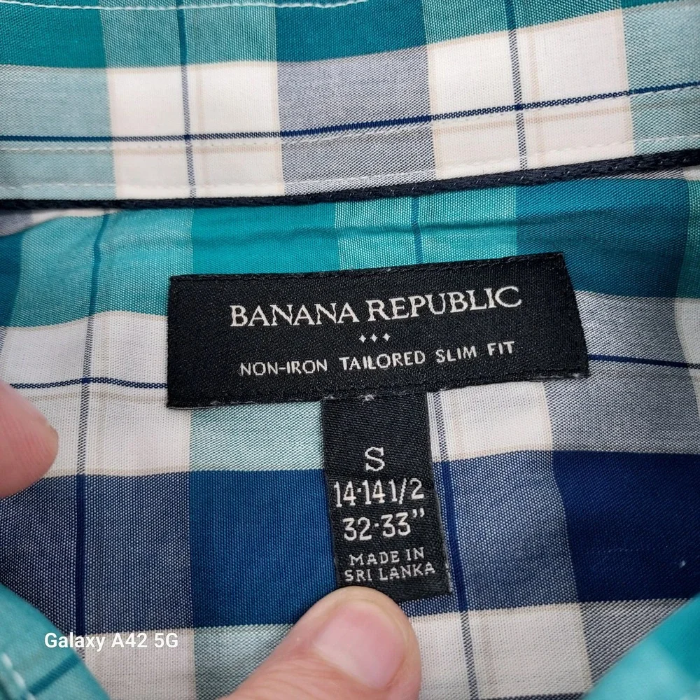 Banana Republic Mens‎ Tailored Slim Fit Non-Iron Plaid Shirt Teal Navy Small S